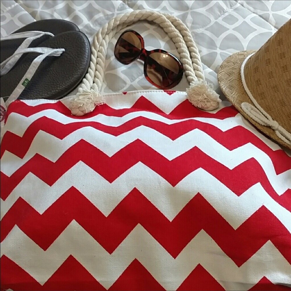 NEW! 2 left! Retro Travel/Beach/Farmers Market Canvas Tote Bag Red Pink Shopping - Picture 2 of 6